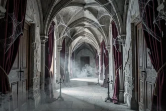 Couloir gothique du Manoir de Paris avec voûtes en pierre, brume et décor d'horreur théâtrale évoquant l'ambiance de l'attraction en 2026