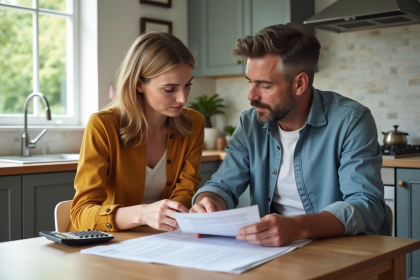 Couple d'adultes discutant de documents d'achat de maison