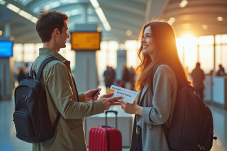 Jeune couple à l'aéroport avec billets Air France et chèque vacances