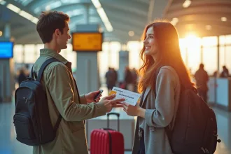 Jeune couple à l'aéroport avec billets Air France et chèque vacances