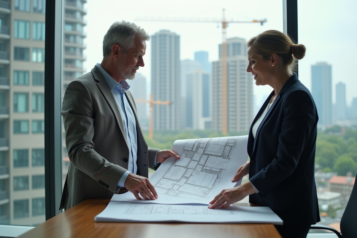 Couple d'architectes examinant des plans dans une agence immobiliere