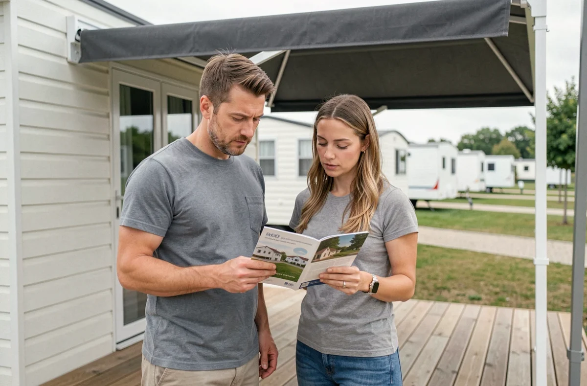 Couple examinant une brochure de mobil-homes devant un modèle haut de gamme sur une terrasse en bois