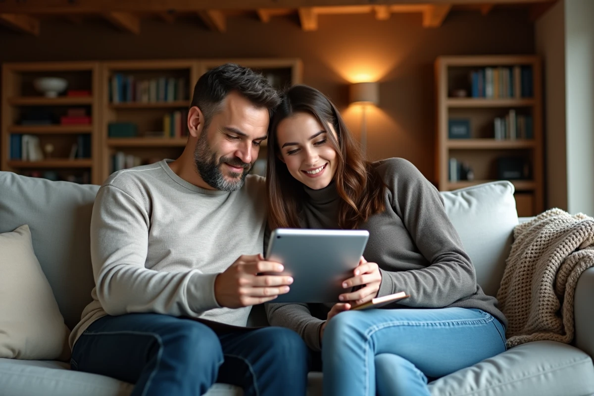 Couple comparant des promotions Black Friday et Cyber Monday sur une tablette dans un salon chaleureux avec prise de notes