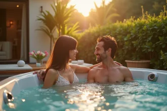 Couple romantique dans un jacuzzi extérieur ensoleille sur une terrasse