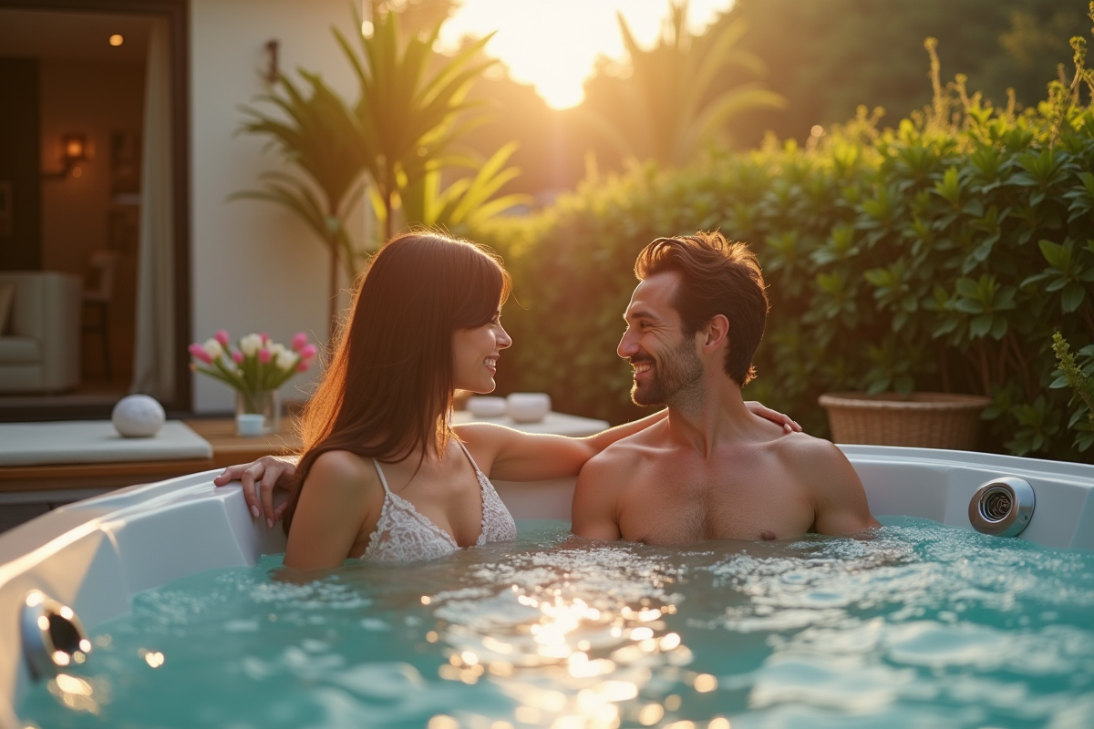 Couple romantique dans un jacuzzi extérieur ensoleille sur une terrasse