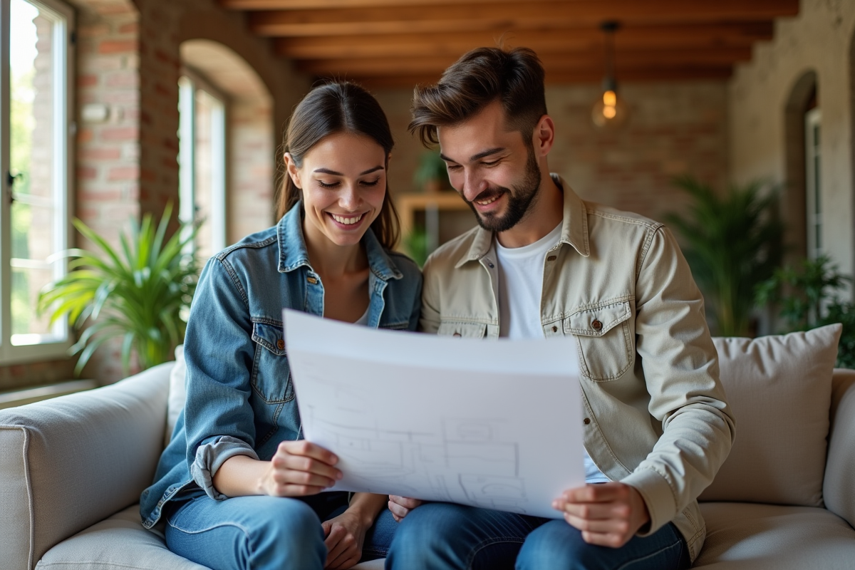 Jeune couple français examine un plan dans un appartement écologique