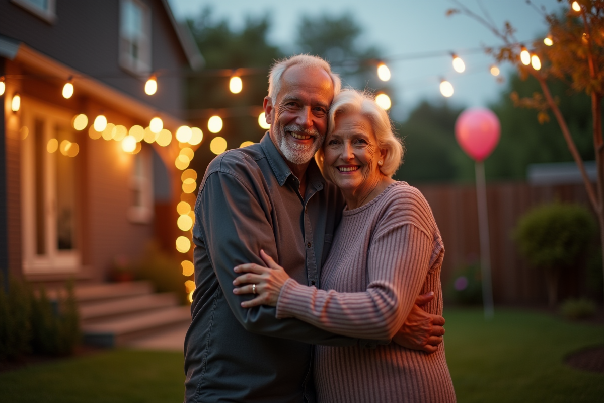 Couple de seniors souriant dans un jardin décoré en soirée