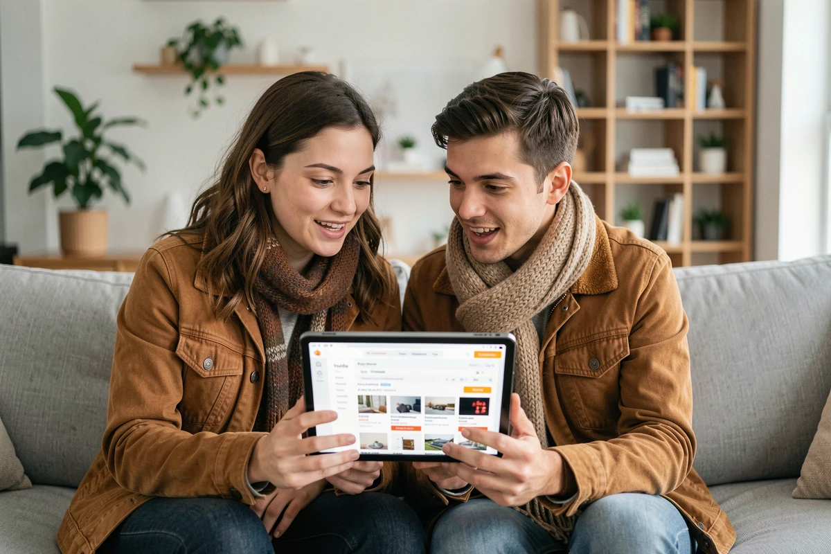 Couple discutant des meilleures offres Black Friday sur une tablette dans un salon moderne et cosy