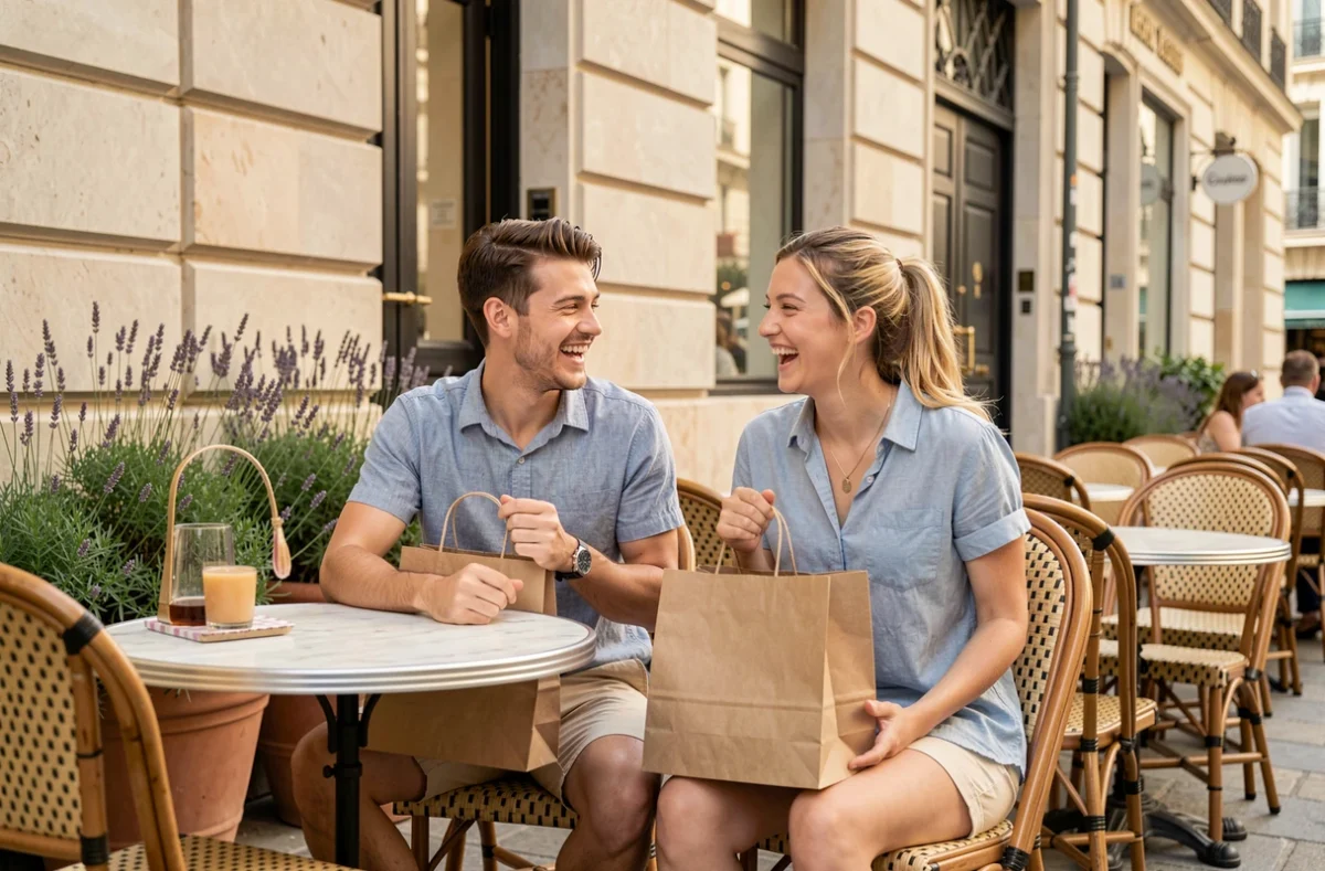 Couple en terrasse de café près d'une boutique ouverte le dimanche à Montpellier