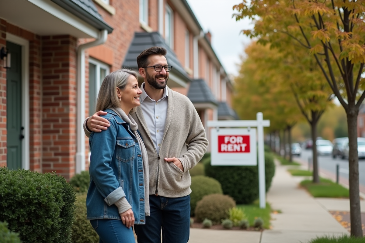 Couple souriant devant une maison à louer dans un quartier résidentiel
