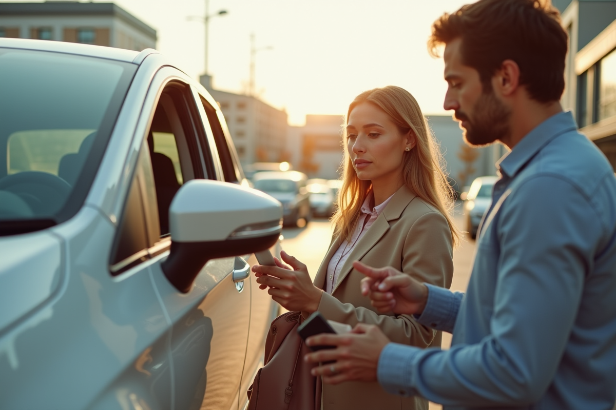Jeune couple professionnel examinant une voiture compacte moderne