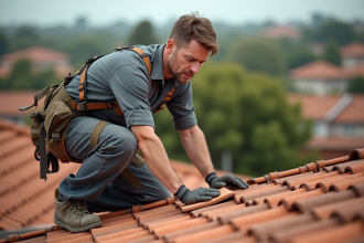 Ouvrier couvreur inspectant un toit en tuiles en terre cuite