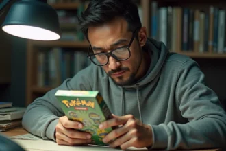 Collectionneur adulte inspectant une ETB Aventure Ensemble Pokémon avec une loupe pour détecter une contrefaçon