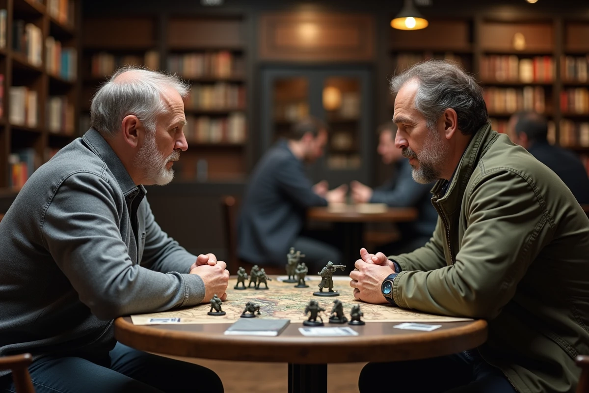 Deux joueurs adultes s'affrontant dans un jeu de guerre sur table avec des figurines peintes et une carte de campagne dans un café bibliothèque