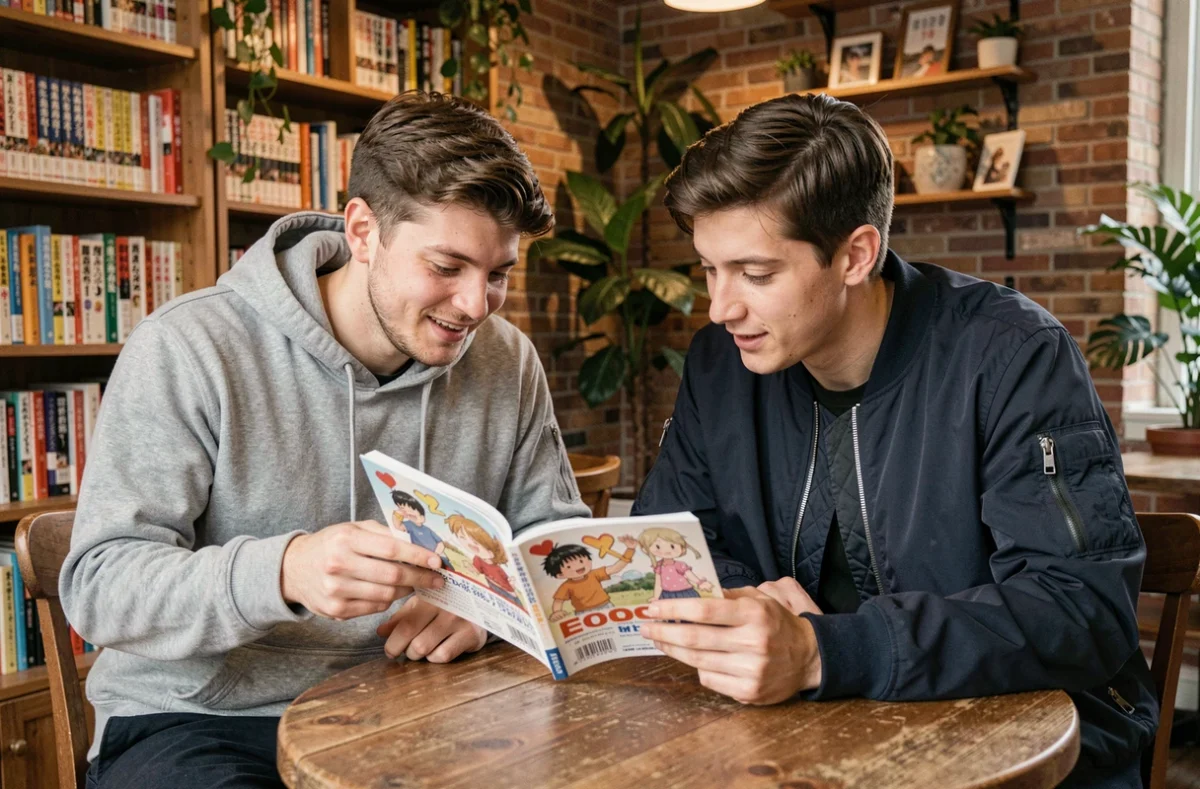 Deux jeunes hommes discutant d'un manga boys love dans une librairie-café au décor vintage et chaleureux
