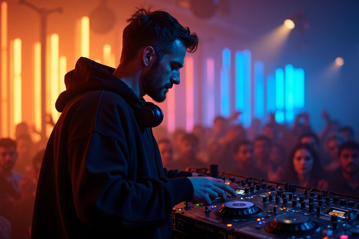 DJ masculin en action derrière ses platines lors d'une soirée électro dans un club à Marseille