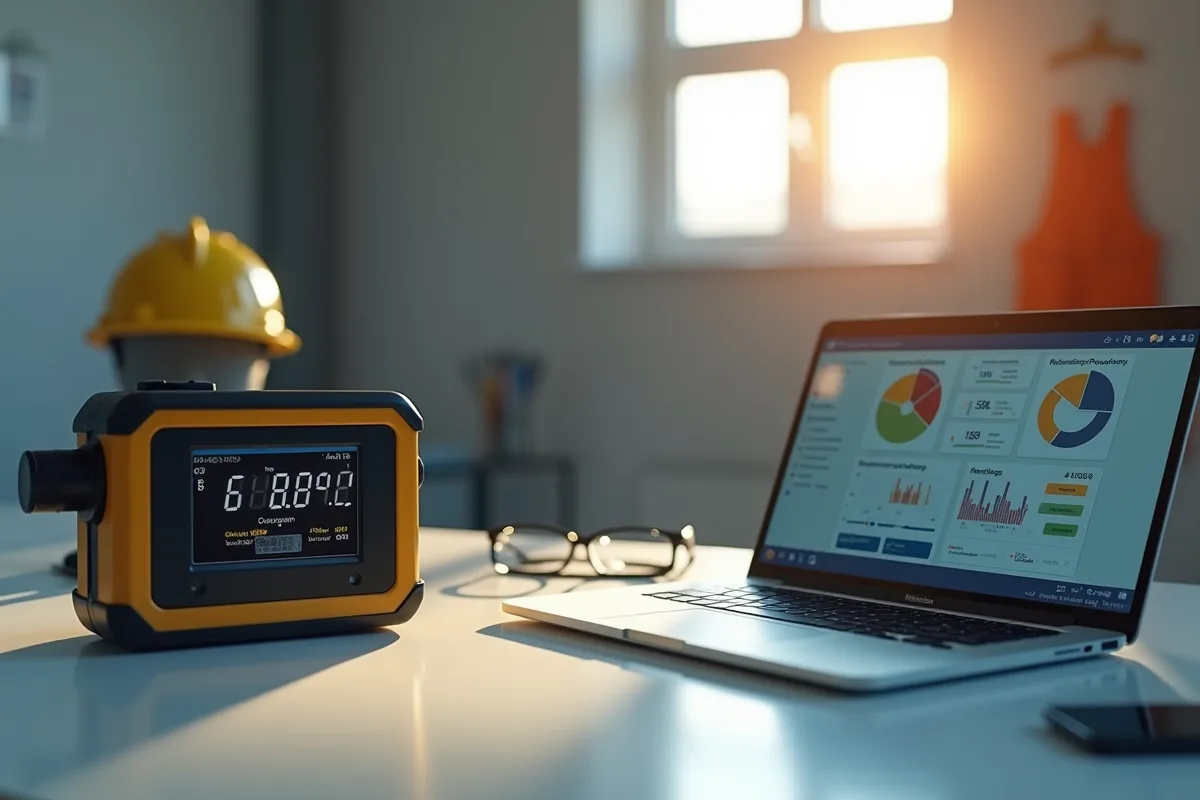 Gros plan sur dosimètre numérique et ordinateur avec tableau de radioprotection