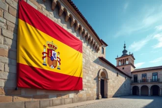 Drapeau espagnol rouge et jaune flottant sur un bâtiment historique en pierre à Madrid