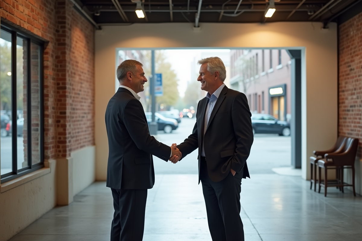 Deux hommes se serrent la main dans un espace commercial vide