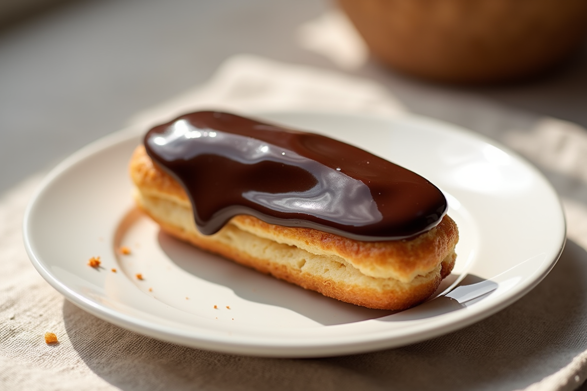 Éclair au chocolat brillant sur une assiette blanche