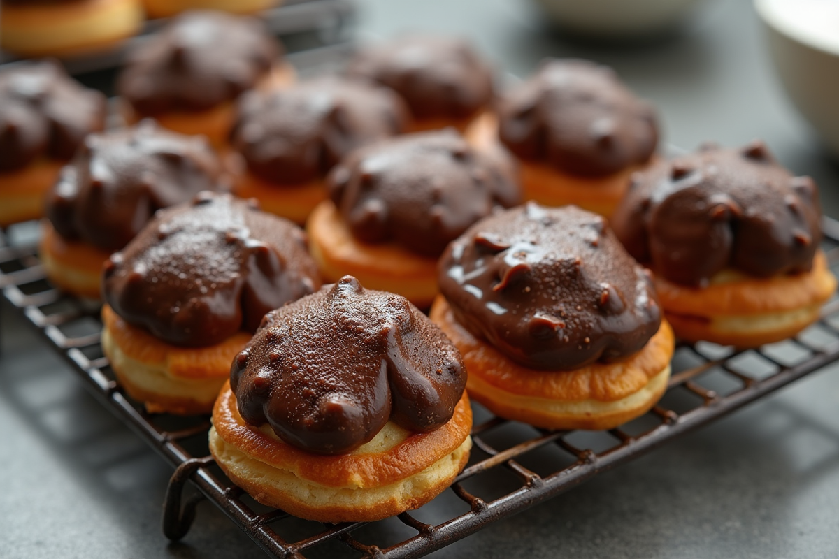 Plusieurs éclairs au chocolat sur une grille de cuisson