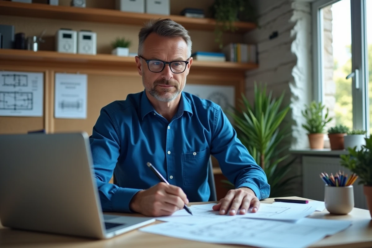 Électricien professionnel travaillant à son bureau