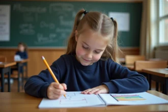 Jeune élève de CE1 écrivant un tableau de conversion des litres dans un cahier sur un bureau en bois en classe