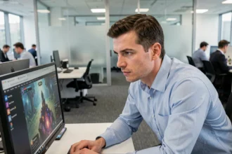 Employé de bureau jouant discrètement à un jeu en ligne depuis son poste de travail professionnel