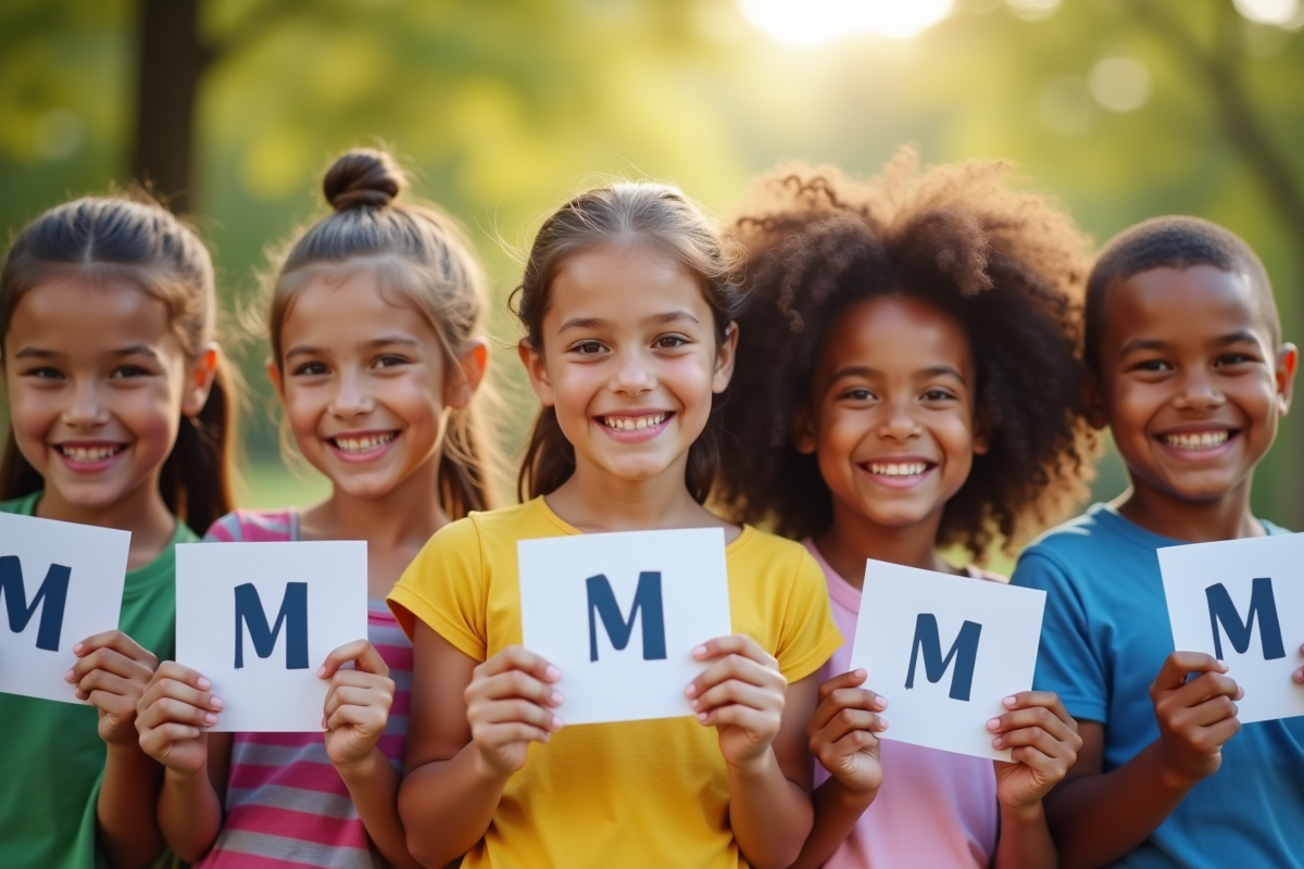 Enfants souriants tenant des cartes avec la lettre M en extérieur