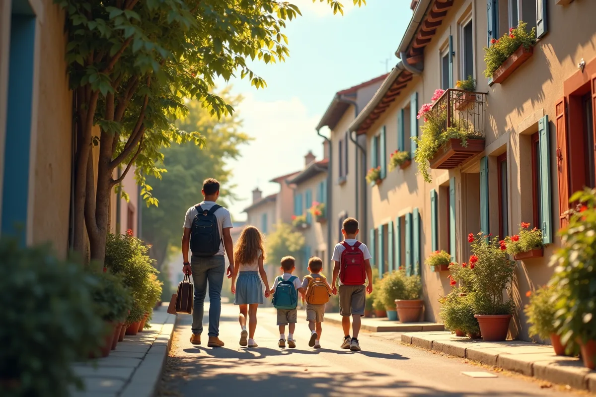 Enfants allant à l école dans un village français coloré