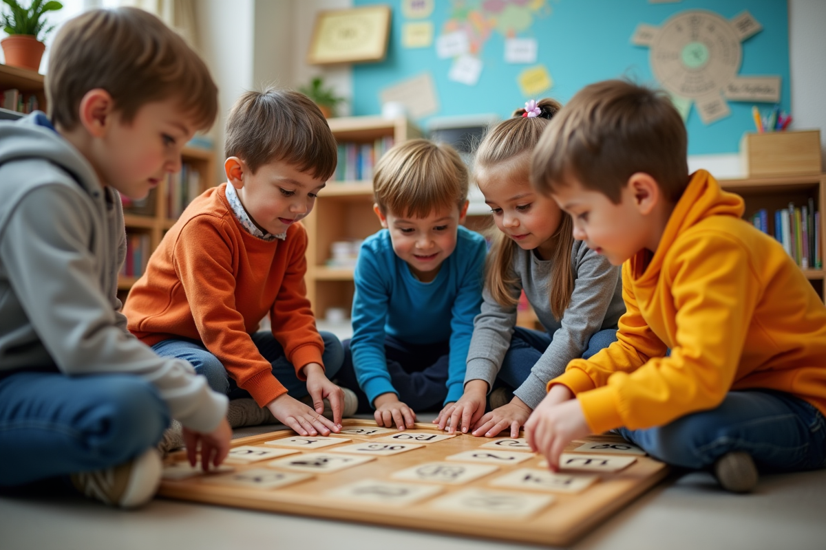 Enfants d'école primaire jouant autour d'un jeu éducatif