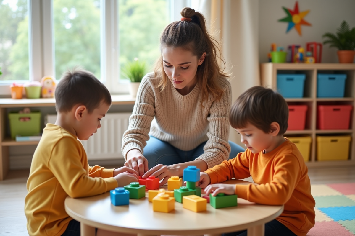 Jeune enseignante aidant des enfants à construire avec des blocs colorés