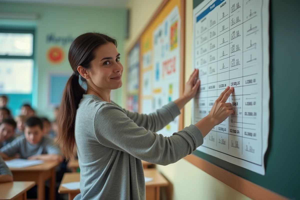 Enseignante du primaire montrant un tableau de conversion des litres affiché au mur de la salle de classe