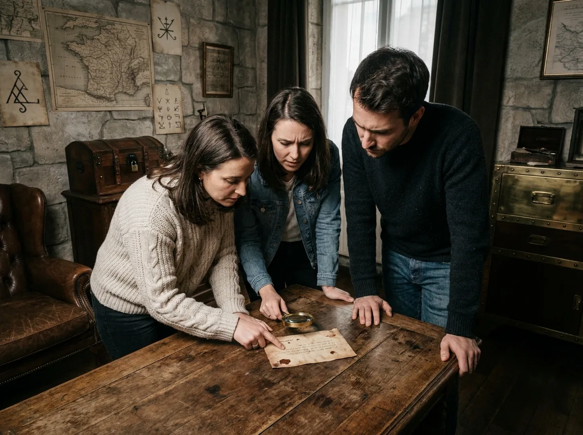 Groupe d'amis jouant dans une salle d'escape game thématique à Paris, activité originale en intérieur