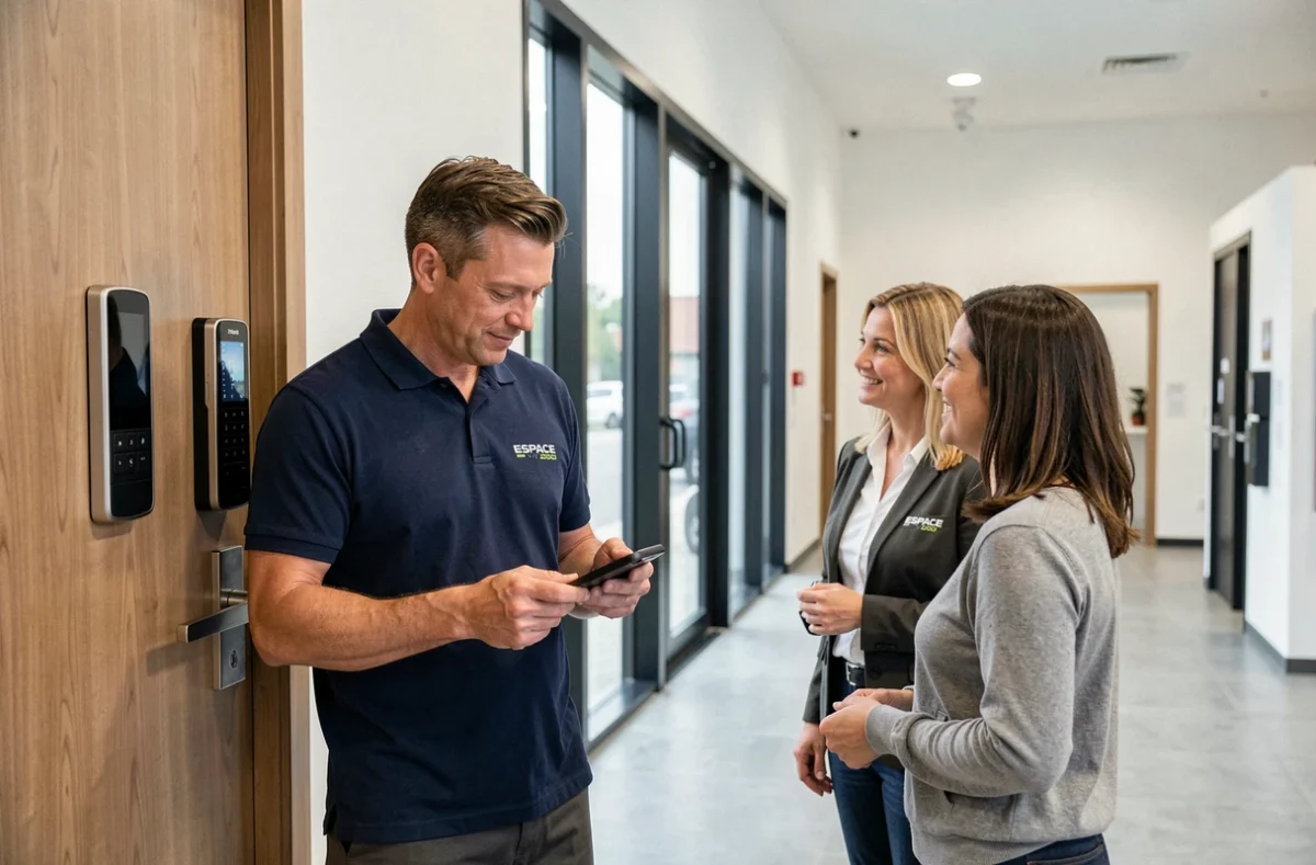 Technicien Espace 2000 présentant un système de serrure multipoints à des clients dans un showroom moderne