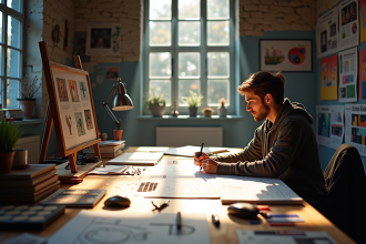Espace de travail créatif avec un scénographe dessinant des plans de scène