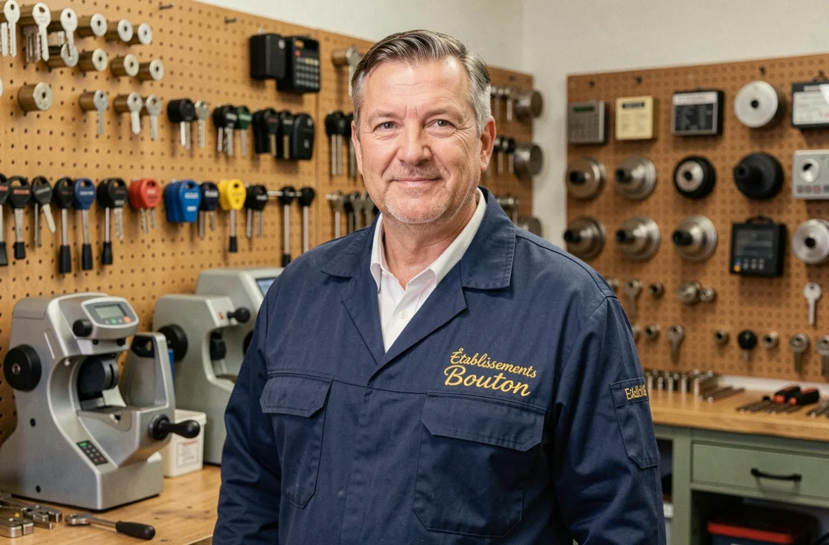 Technicien serrurier des Établissements Bouton devant un atelier de serrurerie bien équipé