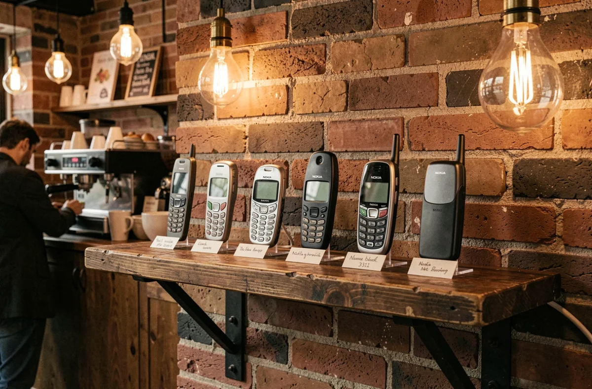 Étagère vintage en bois avec une collection de téléphones Nokia anciens exposés comme des objets de musée dans un café hipster