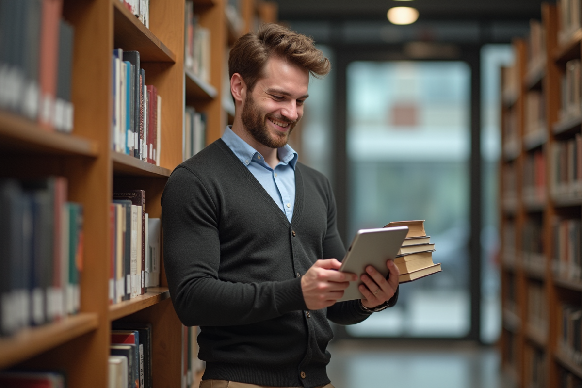Jeune homme consulte notes digitales dans la bibliothèque