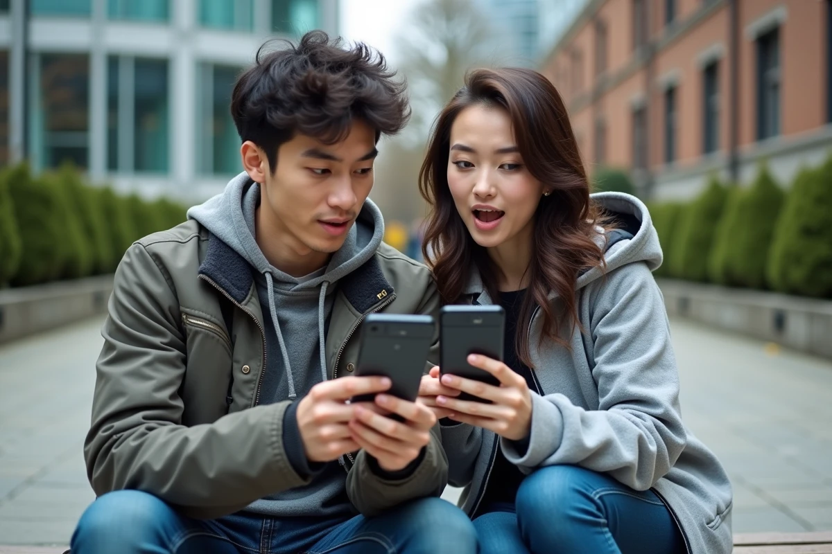 Deux étudiants découvrant ensemble le scan One Piece en VF sur smartphone en extérieur