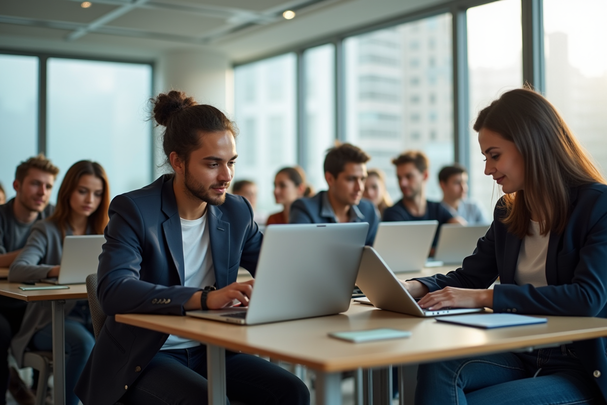 Étudiants en université dans une salle lumineuse