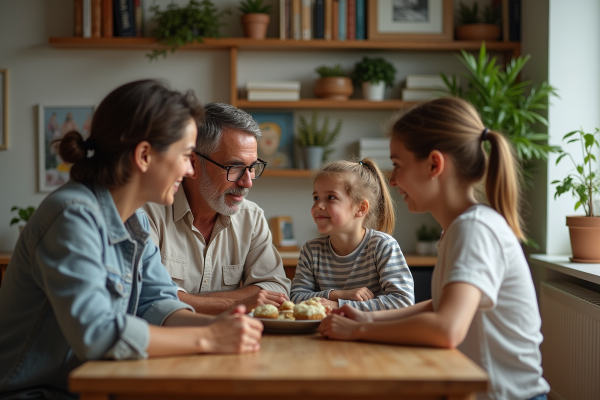 Famille de quatre autour d'une table en discussion chaleureuse