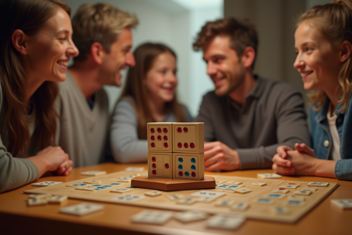 Famille jouant et discutant stratégie Rummikub à la maison