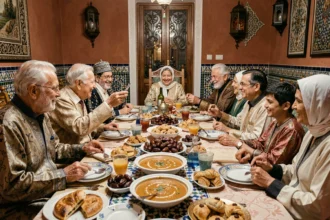 Famille marocaine réunie autour d'une table d'iftar pendant le Ramadan, échangeant des vœux traditionnels après la rupture du jeûne