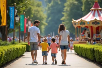 Famille se promenant dans les allées colorées du parc d'attractions Baguatelle en été