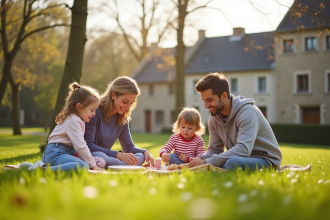 Famille heureuse pique-niquant dans un parc en France au printemps