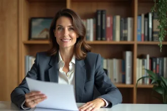 Femme d'affaires souriante tenant des documents de prêt immobilier