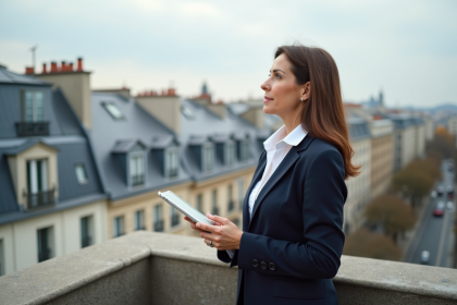 Femme d affaires française sur un balcon parisien moderne