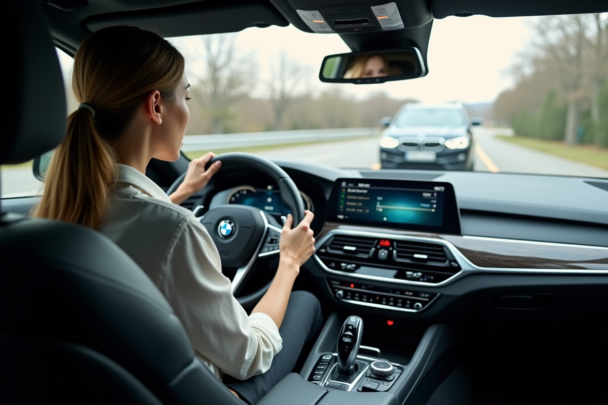 Femme dans une BMW examine le tableau de bord