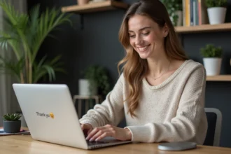 Femme souriante travaillant sur son ordinateur dans un bureau cosy